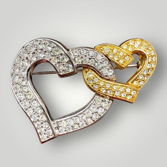 SWAROVSKI Double Heart Pave Rhinestones Brooch Silver-tone and Gold-tone - Picture 1 of 5